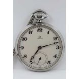 AN OMEGA STAINLESS STEEL CASED POCKET WATCH , the dial with Arabic numerals, with secondary dial,