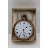 A 9CT GOLD CASED OPEN FACE GENTLEMAN'S POCKET WATCH, the white enamel dial with Roman numerals,