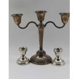 ADIE BROTHERS A TWIN BRANCH SILVER TABLE CANDELABRA, each having three nozzles with decorative rims,