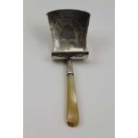 WILLIAM PUGH A GEORGE III SILVER CADDY SPOON of shovel form, with mother-of-pearl handle, Birmingham