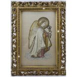 A LATE 19TH CENTURY EMBROIDERED PANEL DEPICTING THE ANGEL OF THE ANNUNCIATION, include yellow and
