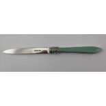 HARRISON BROTHERS & HOWSON A SILVER LETTER OPENER, with celadon green, guilloche panel inset handle,
