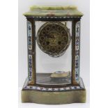 A 19TH CENTURY FRENCH MANTEL CLOCK, onyx and champleve decorated four glass case, the circular