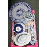 A BOX CONTAINING A SELECTION OF BLUE & WHITE PAINTED POTTERY, porcelain door furniture and a late