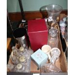 A BOX CONTAINING GLASS DECANTERS & STOPPERS, an early 20th century six bottle table cruet, etc.