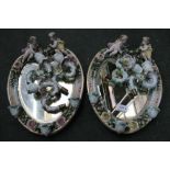 A PAIR OF PROBABLE CONTINENTAL FLORAL ENCRUSTED HANGING HEART SHAPED MIRRORED BACK SCONCES