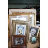 A FRAMED CORK COLLAGE together with sundry other decorative pictures & prints, and a hardback copy