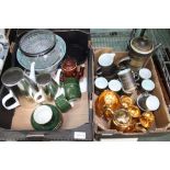 TWO BOXES CONTAINING A SELECTION OF DOMESTIC POTTERY PORCELAIN AND GLASSWARE the majority for the