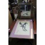 AN ORIENTAL PRINT OF A GALLOPING HORSE together with a gilt framed triple plate dressing table top