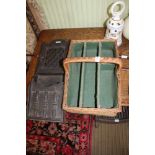 A WALL MOUNTABLE WOODEN KEY RACK / NEWSPAPER POCKET, together with a woven wicker work cutlery hod