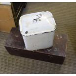 A WOODEN TOOLBOX CONTAINING SMALLER BOXES OF TOOLS together with a part enamelled bread storage bin