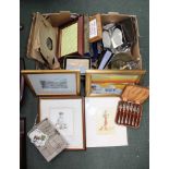 A BOX CONTAINING A SELECTION OF USEFUL & COLLECTABLE ITEMS, to include; cigarette cards, 78 rpm