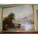 A LARGE AMATEUR OIL ON CANVAS STUDY OF A LAKESIDE SCENE housed within a gilded fillet