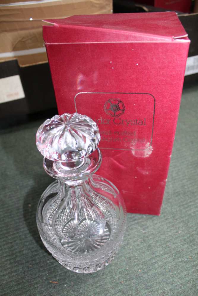 A BOX CONTAINING GLASS DECANTERS & STOPPERS, an early 20th century six bottle table cruet, etc. - Image 3 of 3