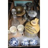 A BOX FULL OF USEFUL DOMESTIC ITEMS VARIOUS to include; candlesticks, commemorative mugs etc.