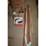 A SELECTION OF FISHING EQUIPMENT, rods, reels, wicker creel etc.