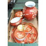 A BOX CONTAINING A LARGE SELECTION OF ORANGE FLORAL DECORATED BAVARIAN PORCELAIN to include pots,