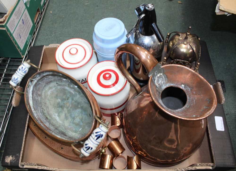 A BOX CONTAINING A SELECTION OF DOMESTIC METALWARES VARIOUS together with two kitchen storage jars