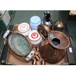 A BOX CONTAINING A SELECTION OF DOMESTIC METALWARES VARIOUS together with two kitchen storage jars