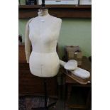 A VINTAGE DRESS MAKERS MANNEQUIN together with two ironing pads