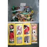 A BOX CONTAINING A SELECTION OF CHILDREN'S TOYS AND BOXED PELHAM PUPPETS