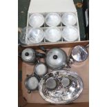 A BOX CONTAINING A HAMMERED PEWTER PART TEA SERVICE, silver-plated entre dishes, boxed set of six