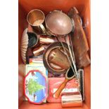 A CRATE CONTAINING PREDOMINANTLY DOMESTIC COPPER WARES together with a selection of enamelled trays,