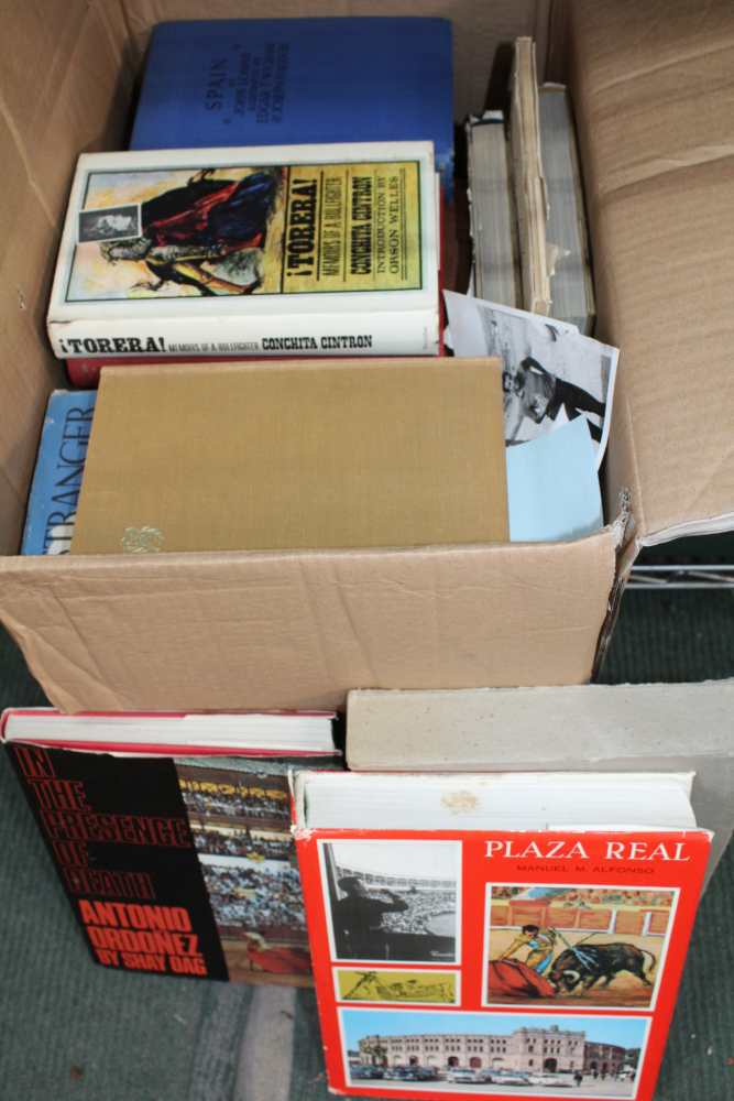 A BOX CONTAINING A SELECTION OF BOOKS VARIOUS ON SPAIN AND BULL FIGHTING