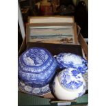 A BOX OF MIXED COLLECTABLES, to include; Egyptian Watercolours, a series of blue & white transfer