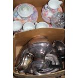 A BOX CONTAINING A SILVER-PLATED TEA SERVICE, modern floral decorated part tea service etc.