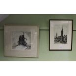 TWO ENGRAVINGS BY JAMES PRIDDY one featuring Danzy Mill, the other Banbury Cross, each glazed and