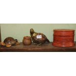 A SELECTION OF ORIENTAL STACKING TABLE CASKETS, together with carved wooden ornaments