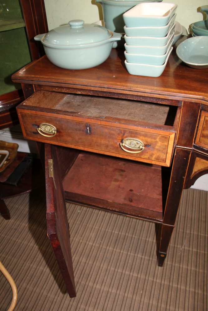 A 19TH CENTURY SHERATON STYLE MAHOGANY SIDEBOARD with satinwood inlay, having bow front central - Image 2 of 2
