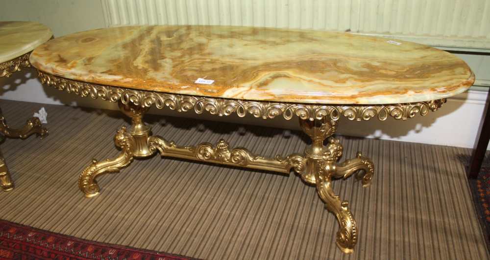 TWO ONYX TOPPED COFFEE TABLE, one circular, one oval, each supported on cast brass finished metal - Image 3 of 4