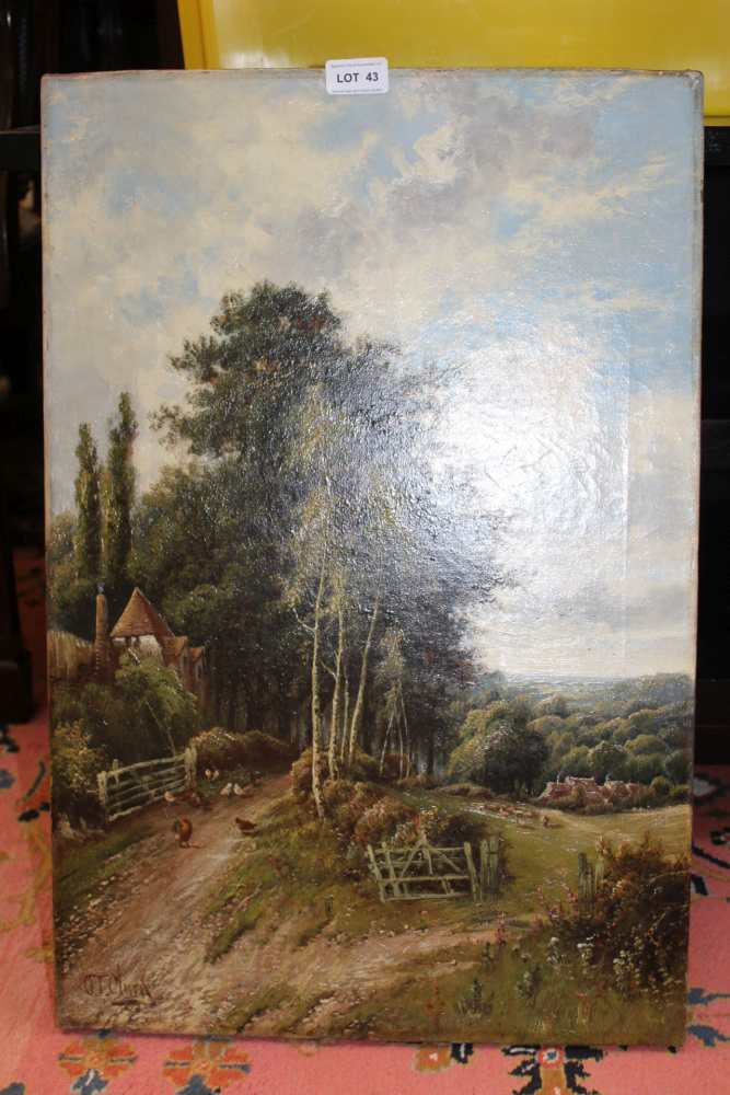 A PROBABLE 19TH CENTURY OIL ON CANVAS RURAL SCENE titled 'A Rustic Corner', near Dorking,