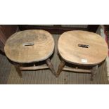TWO RUSTIC ELM TOPPED FOUR LEGGED STOOLS