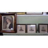 A TRIO OF CRIES OF LONDON STYLE PRINTS in hogarth frames, together with a rosewood framed portrait