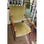 AN EARLY 20TH CENTURY MAHOGANY & SATINWOOD BANDED ARMCHAIR with velour upholstered back and seat pad