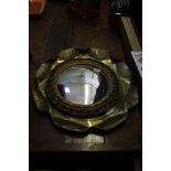 A LARGE BRASS TRAY AND A GILT FRAMED CIRCULAR CONVEX WALL MIRROR