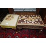 TWO 19TH CENTURY WOOLWORK PAD TOP FOOT STOOLS on carved short cabriole legs
