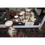 A BOX CONTAIING A LARGE JAPANESE VASE, CRESTED CHINA ETC.