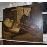 AN OIL ON CANVAS STILL LIFE STUDY OF MANUSCRIPTS & MUSICAL INSTRUMENTS, indistinctly signed, date