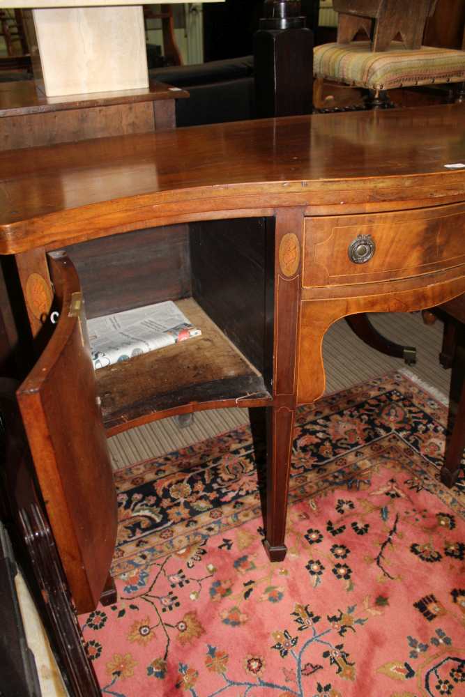 A 19TH CENTURY MAHOGANY SERPENTINE FRONTED SIDEBOARD with decorative inlaid drawers and single - Image 2 of 3