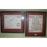 TWO ANTIQUE GLAZED & FRAMED MAPS, one showing the counties of England at Saxon times, the other