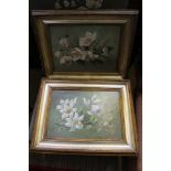 A PAIR OF FLORAL OIL ON CANVAS STUDIES initialled 'F.M.B' in period part gilt frames