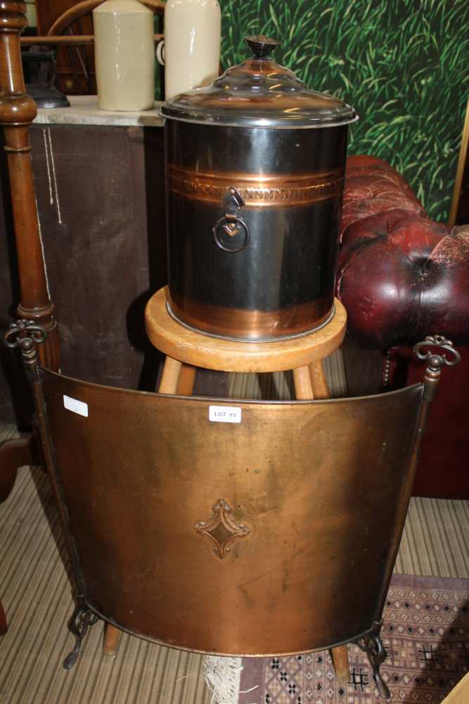 A CIRCULAR BEECH FOUR LEGGED STOOL together with a copper patinated fire screen, and coal bin