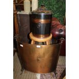 A CIRCULAR BEECH FOUR LEGGED STOOL together with a copper patinated fire screen, and coal bin