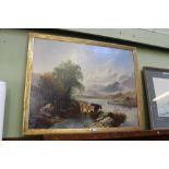 A LARGE AMATEUR OIL ON CANVAS STUDY OF A LAKESIDE SCENE housed within a gilded fillet