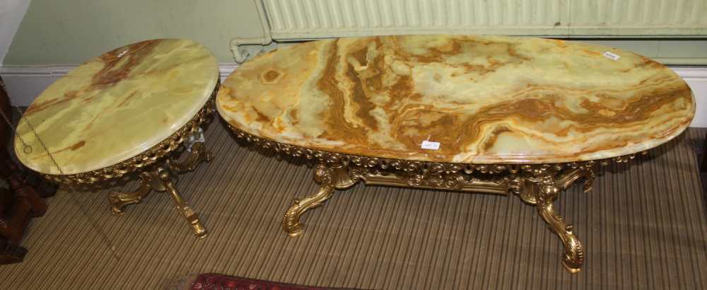 TWO ONYX TOPPED COFFEE TABLE, one circular, one oval, each supported on cast brass finished metal - Image 2 of 4