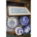 A BOX OF MIXED COLLECTABLES, to include; Egyptian Watercolours, a series of blue & white transfer